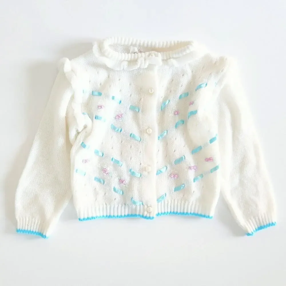 Vintage 1950s Baby Girl Cardigan Sweater | White Knit w/ Rosettes | Size 2T